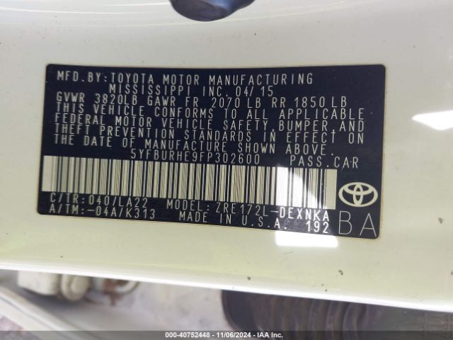 5YFBURHE9FP302600 Toyota Corolla Le Premium