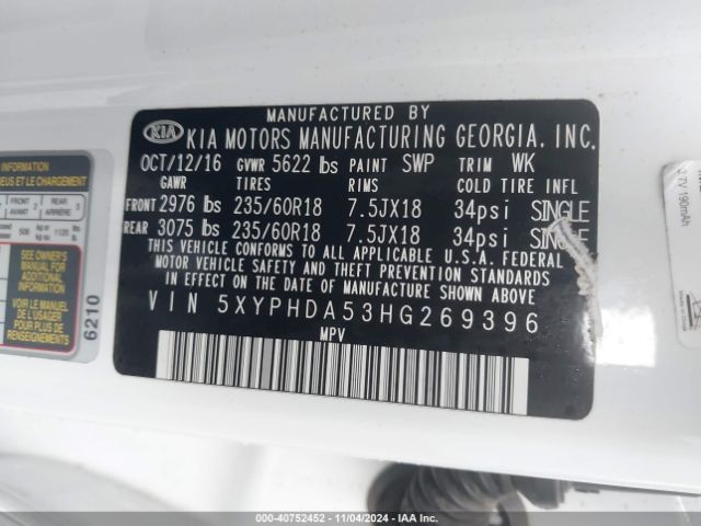 5XYPHDA53HG269396 KIA Sorento 3.3l Ex
