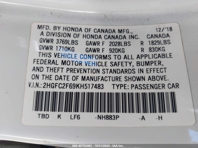 Honda Civic Lx 2019 2HGFC2F69KH517483 Image 9