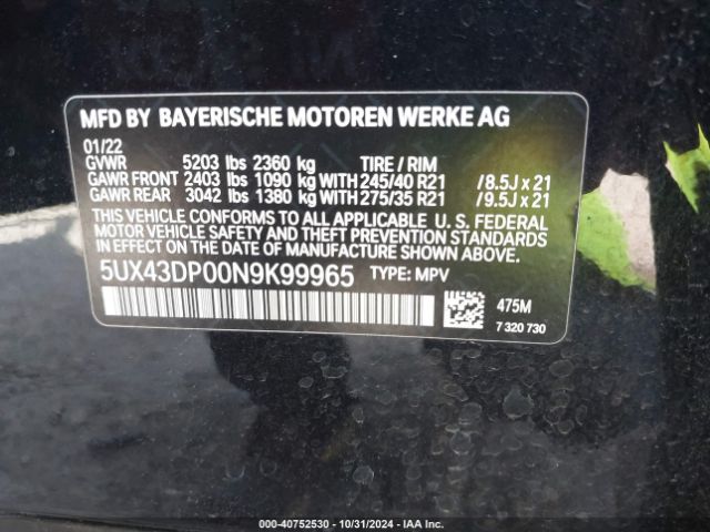 5UX43DP00N9K99965 BMW X3 Sdrive30i