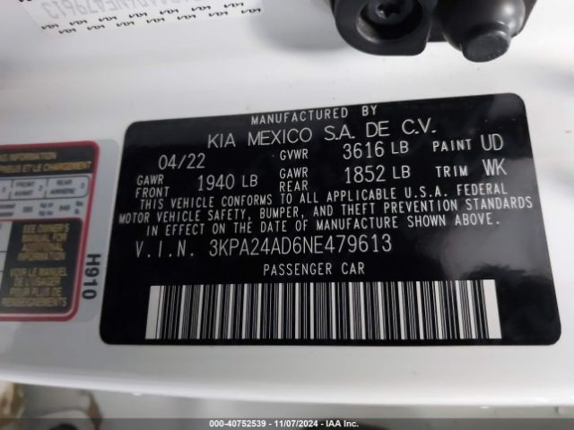 3KPA24AD6NE479613 KIA RIO LX
