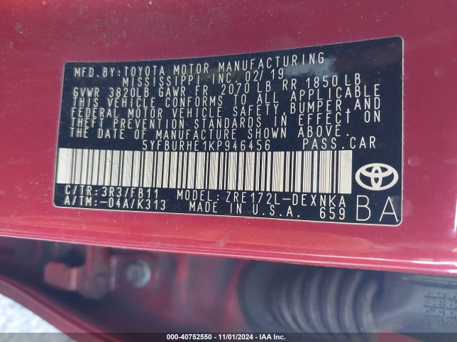 5YFBURHE1KP946456 Toyota COROLLA LE