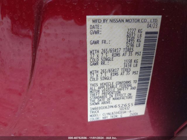 1N6ED1EK2PN652655 Nissan Frontier Sv 4x4