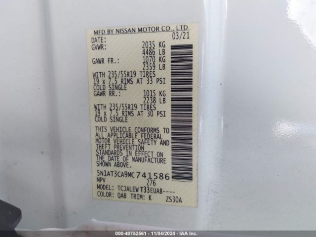5N1AT3CA9MC741586 Nissan Rogue Sl Fwd