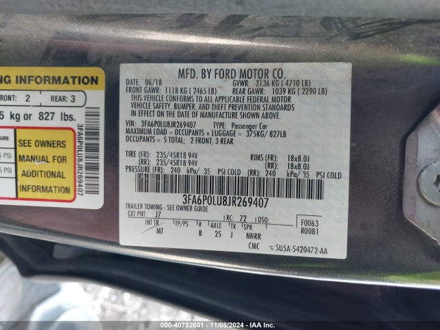 Ford Fusion Hybrid Se 2018 3FA6P0LU8JR269407 Image 9