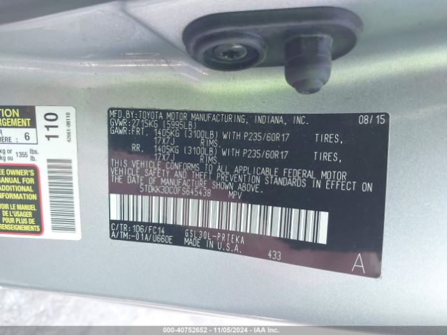 5TDKK3DC0FS645438 Toyota Sienna Le 8 Passenger