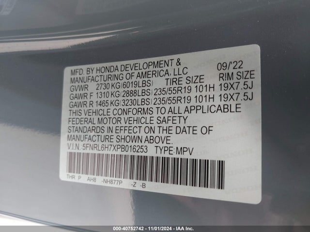 5FNRL6H7XPB016253 Honda Odyssey Sport