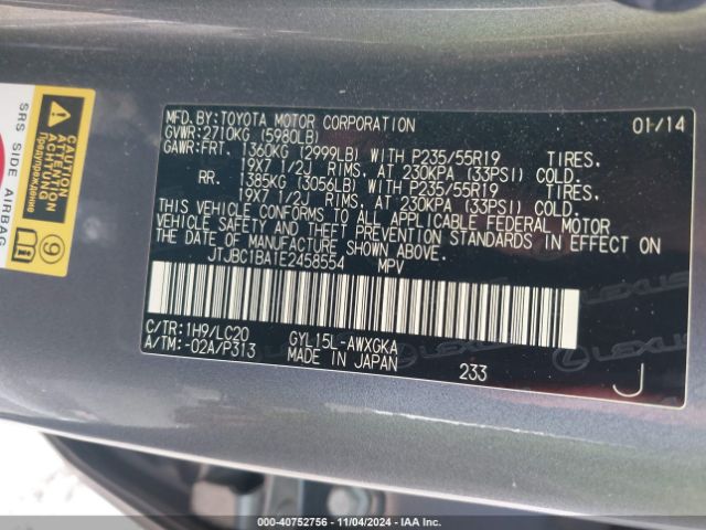 JTJBC1BA1E2458554 Lexus RX 450H