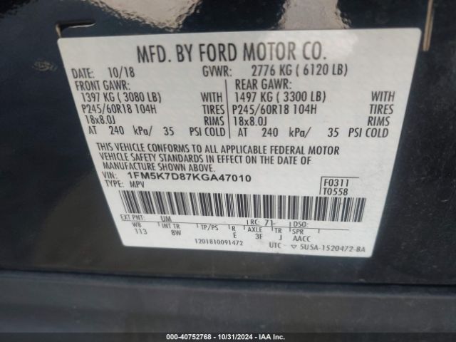 1FM5K7D87KGA47010 Ford EXPLORER XLT