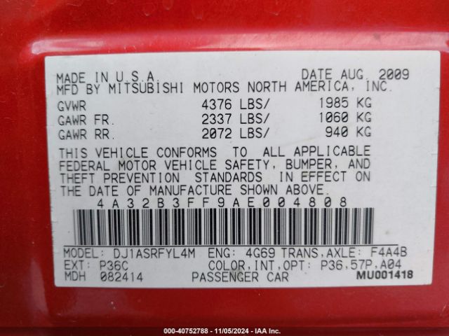 2010 MITSUBISHI GALANT 4A32B3FF9AE004808 Photo 8