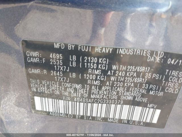 4S4BSAFC2G3330379 Subaru Outback 2.5i Premium