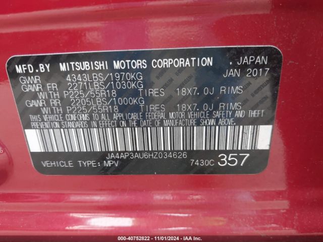 JA4AP3AU6HZ034626 Mitsubishi Outlander Sport 2.0 Le