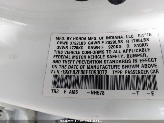 Honda CIVIC EX 2015 19XFB2F88FE093072 Image 9