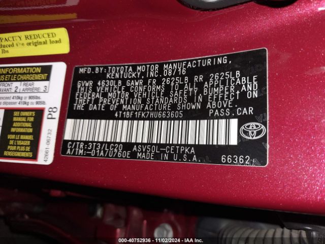 4T1BF1FK7HU663605 Toyota CAMRY XSE