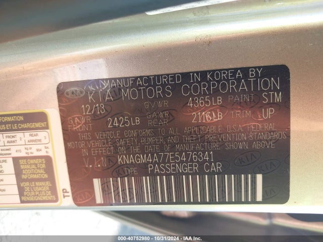 KIA Optima Lx 2014 KNAGM4A77E5476341 Image 9