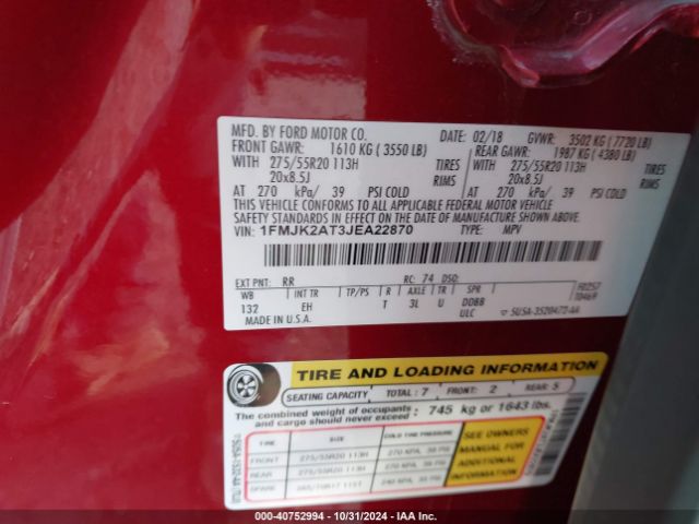 1FMJK2AT3JEA22870 Ford Expedition Max Limited
