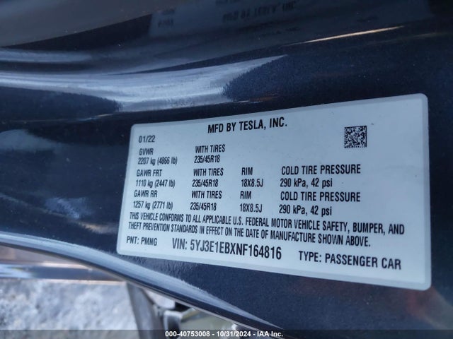 2022 TESLA MODEL 3 5YJ3E1EBXNF164816 Photo 8