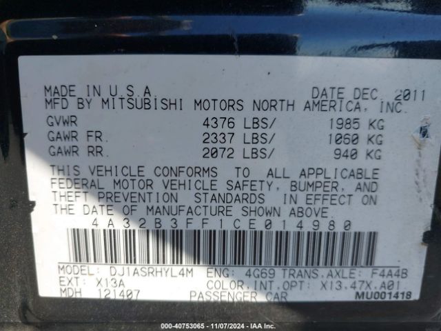 2012 MITSUBISHI GALANT 4A32B3FF1CE014980 Photo 8