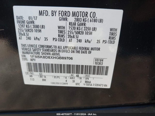 1FM5K8D8XHGB89706 Ford EXPLORER XLT