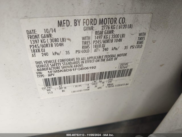 Ford EXPLORER XLT 2015 1FM5K8D81FGB06192 Image 9