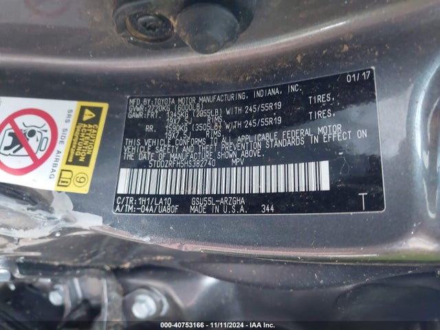 Toyota Highlander Limited Platinum 2017 5TDDZRFH5HS382740 Image 9