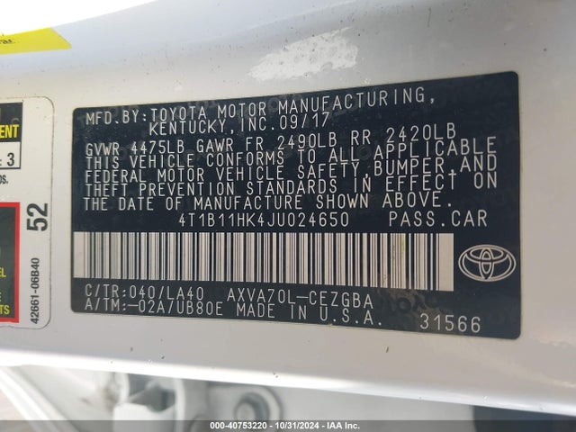 Toyota CAMRY XLE 2018 4T1B11HK4JU024650 Image 9