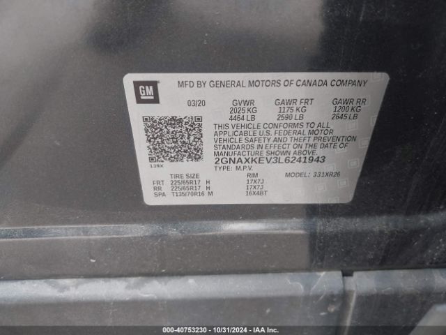2GNAXKEV3L6241943 Chevrolet Equinox Fwd Lt 1.5l Turbo