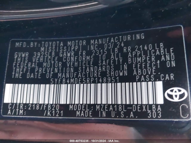 Toyota COROLLA LE 2024 5YFB4MDE5RP148951 Image 9