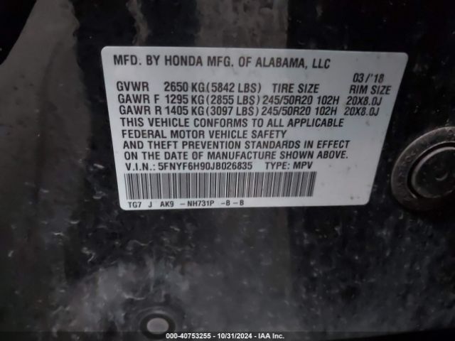 5FNYF6H90JB026835 Honda Pilot Touring