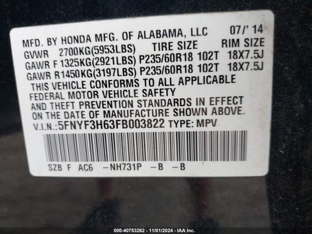 Honda Pilot Ex-l 2015 5FNYF3H63FB003822 Image 9