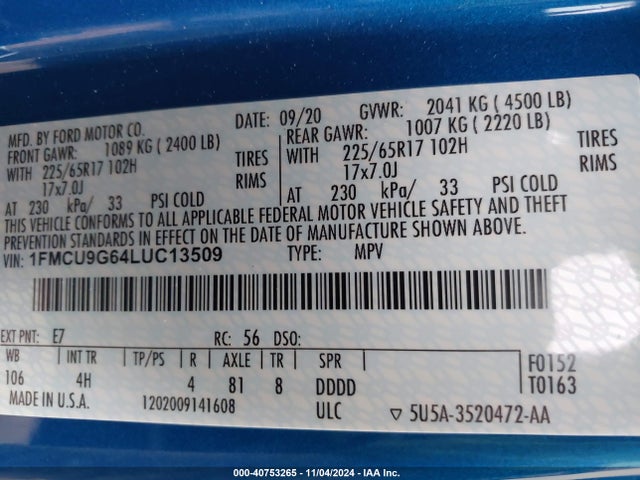 Ford ESCAPE SE 2020 1FMCU9G64LUC13509 Image 9
