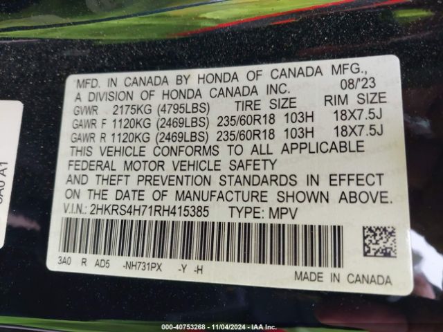 2HKRS4H71RH415385 Honda Cr-v Ex-l