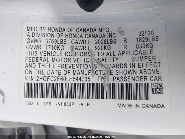 Honda Civic Lx 2020 2HGFC2F60LH544735 Image 9