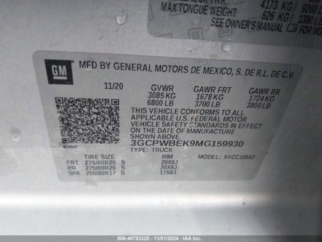3GCPWBEK9MG159930 Chevrolet Silverado 1500 2wd  Short Bed Custom