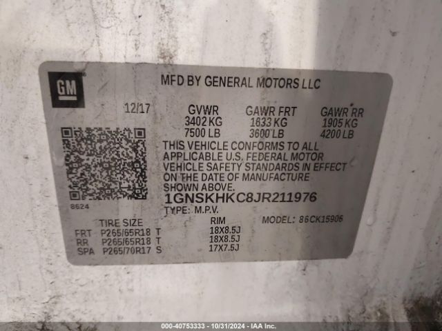 1GNSKHKC8JR211976 Chevrolet Suburban Lt