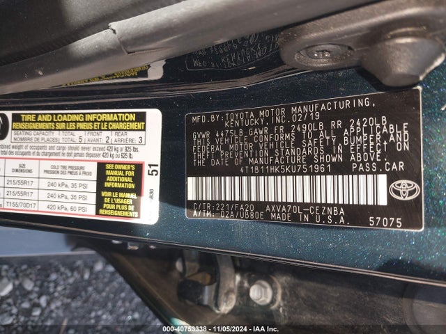 Toyota CAMRY LE 2019 4T1B11HK5KU751961 Image 9