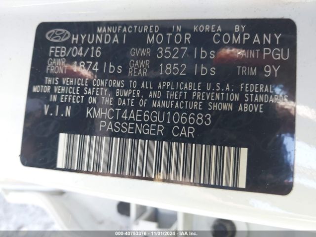 KMHCT4AE6GU106683 Hyundai ACCENT SE