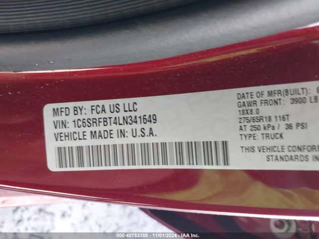 1C6SRFBT4LN341649 RAM 1500 Big Horn  4x4 6'4 Box