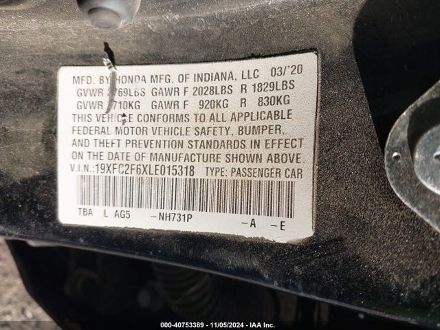 Honda Civic Lx 2020 19XFC2F6XLE015318 Image 9