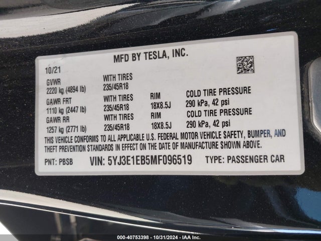 2021 TESLA MODEL 3 5YJ3E1EB5MF096519 Photo 8