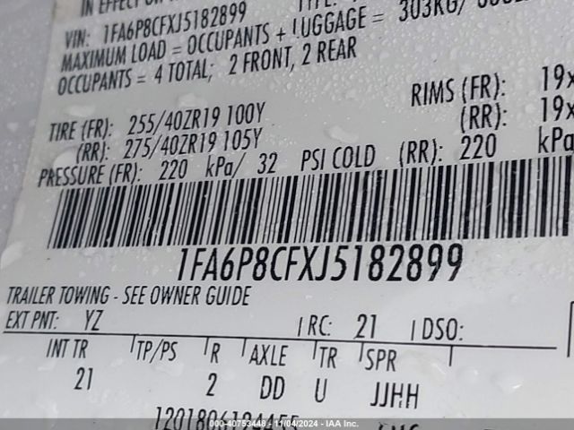 1FA6P8CFXJ5182899 Ford MUSTANG GT