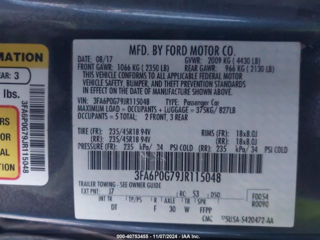 3FA6P0G79JR115048 Ford FUSION S