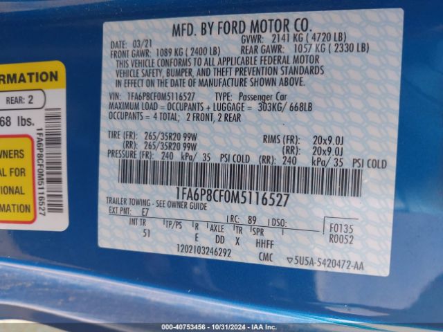 1FA6P8CF0M5116527 Ford Mustang Gt Premium