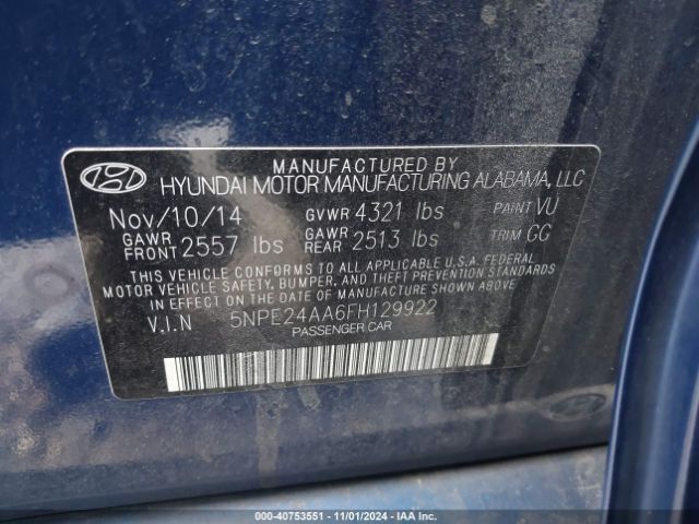 5NPE24AA6FH129922 Hyundai SONATA ECO