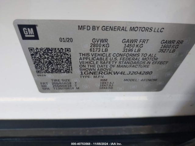 1GNERGKW4LJ204280 Chevrolet Traverse Fwd Lt Cloth