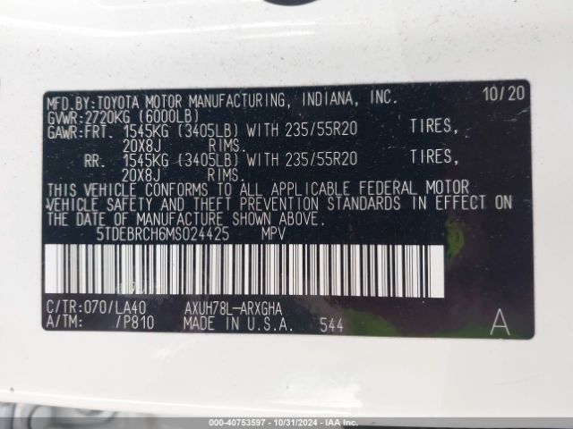 5TDEBRCH6MS024425 Toyota Highlander Hybrid Platinum
