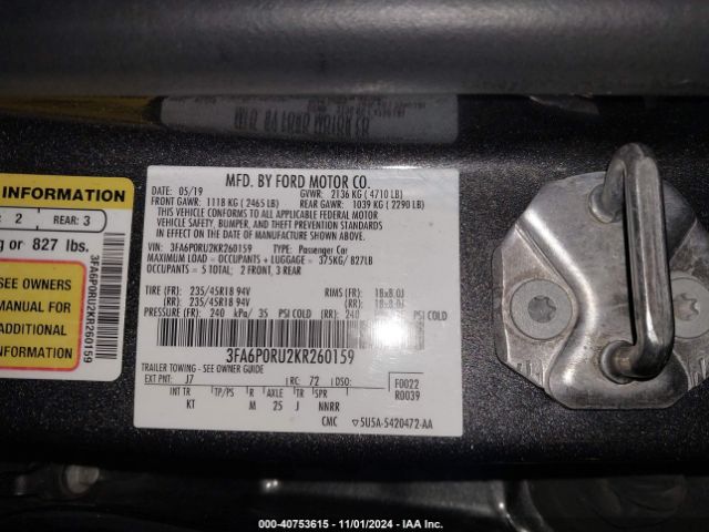 3FA6P0RU2KR260159 Ford Fusion Hybrid Titanium