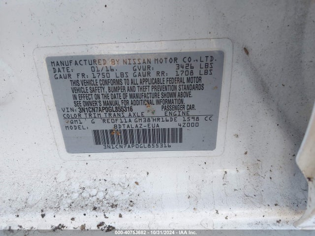 Nissan Versa 1.6 S+ 2016 3N1CN7AP0GL855316 Image 9