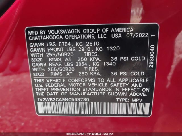 1V2WR2CA9NC563780 Volkswagen Atlas 3.6l V6 Se W/technology