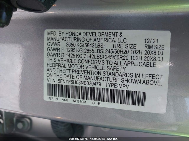 Honda Pilot Awd Elite 2022 5FNYF6H03NB030479 Image 9